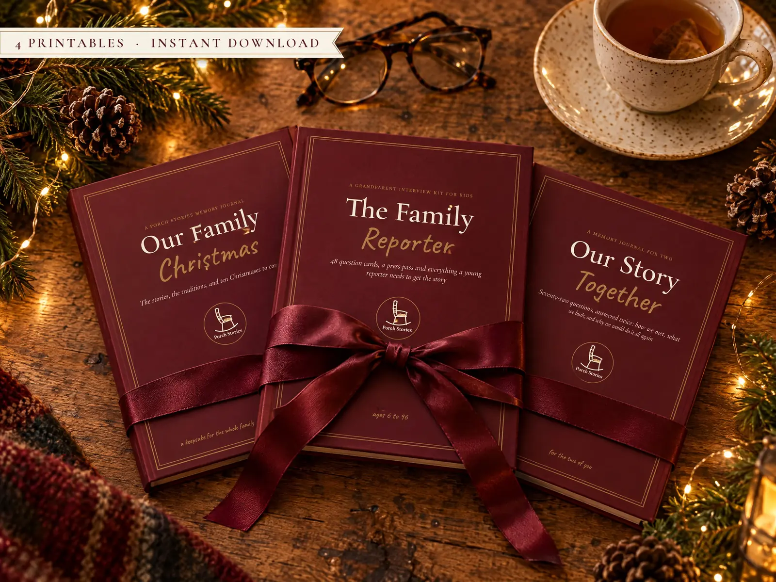 Three Christmas keepsake books tied with a burgundy ribbon