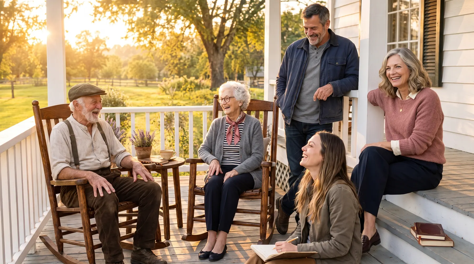 Three generations of the Porch Stories family laughing together on the porch