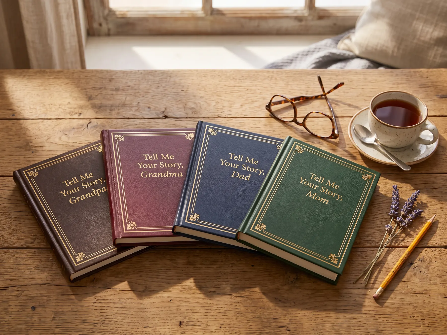 All four Tell Me Your Story journals: Grandpa, Grandma, Dad and Mom