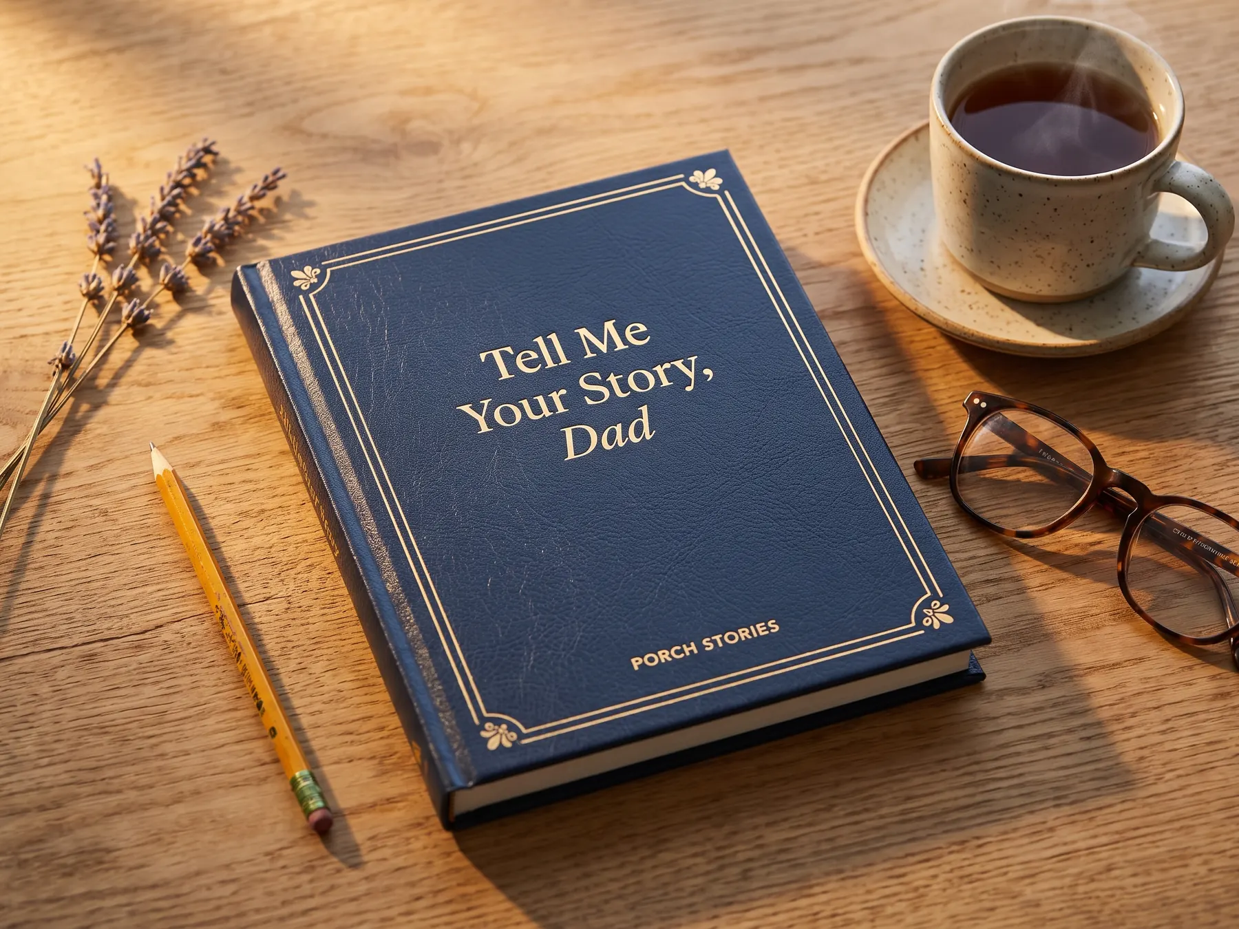 Tell Me Your Story, Dad memory journal on a wooden table with tea and reading glasses