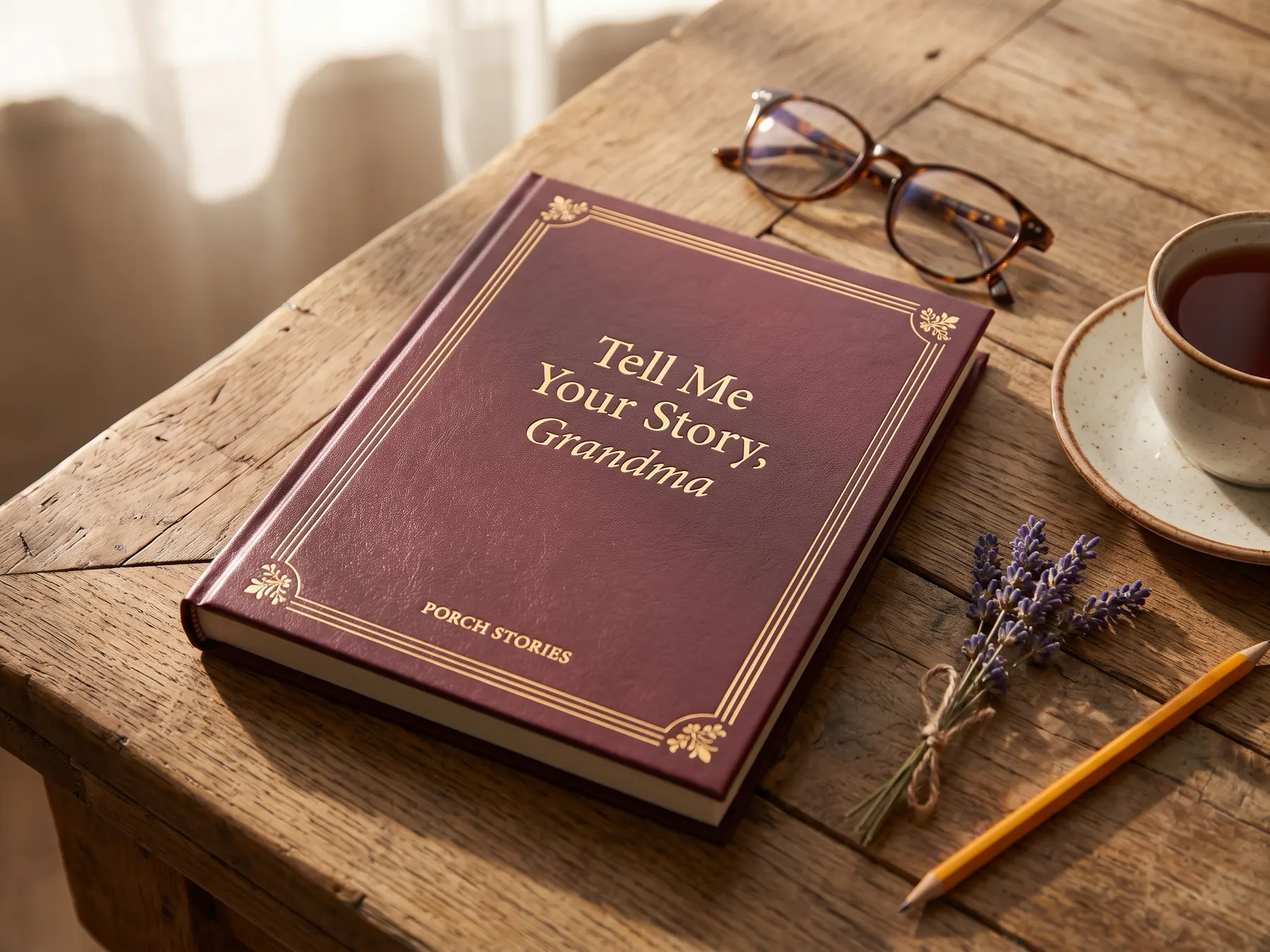Tell Me Your Story, Grandma memory journal on a wooden table with tea and reading glasses