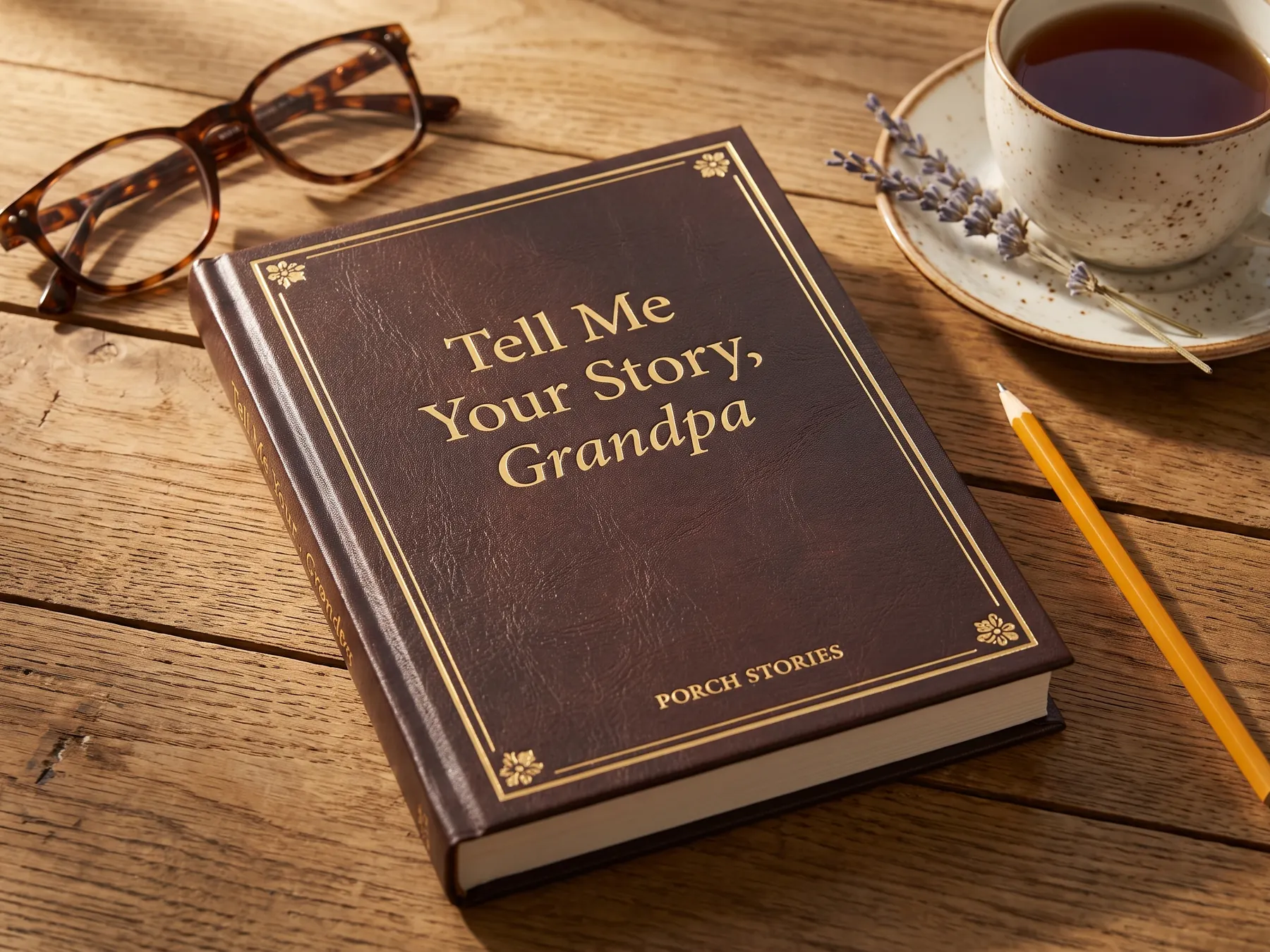Tell Me Your Story, Grandpa memory journal on a wooden table with tea and reading glasses