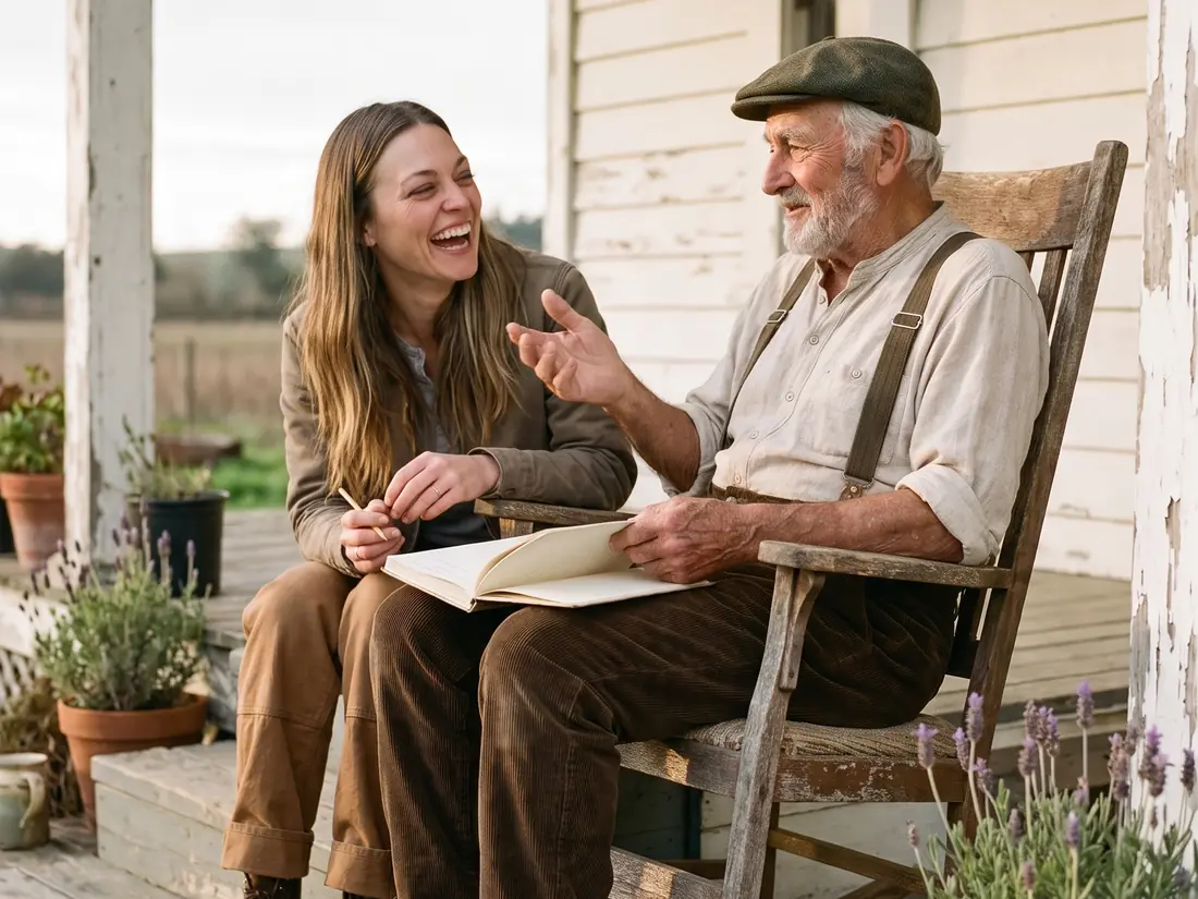 Grandpa laughing on the porch, telling a story while his granddaughter listens