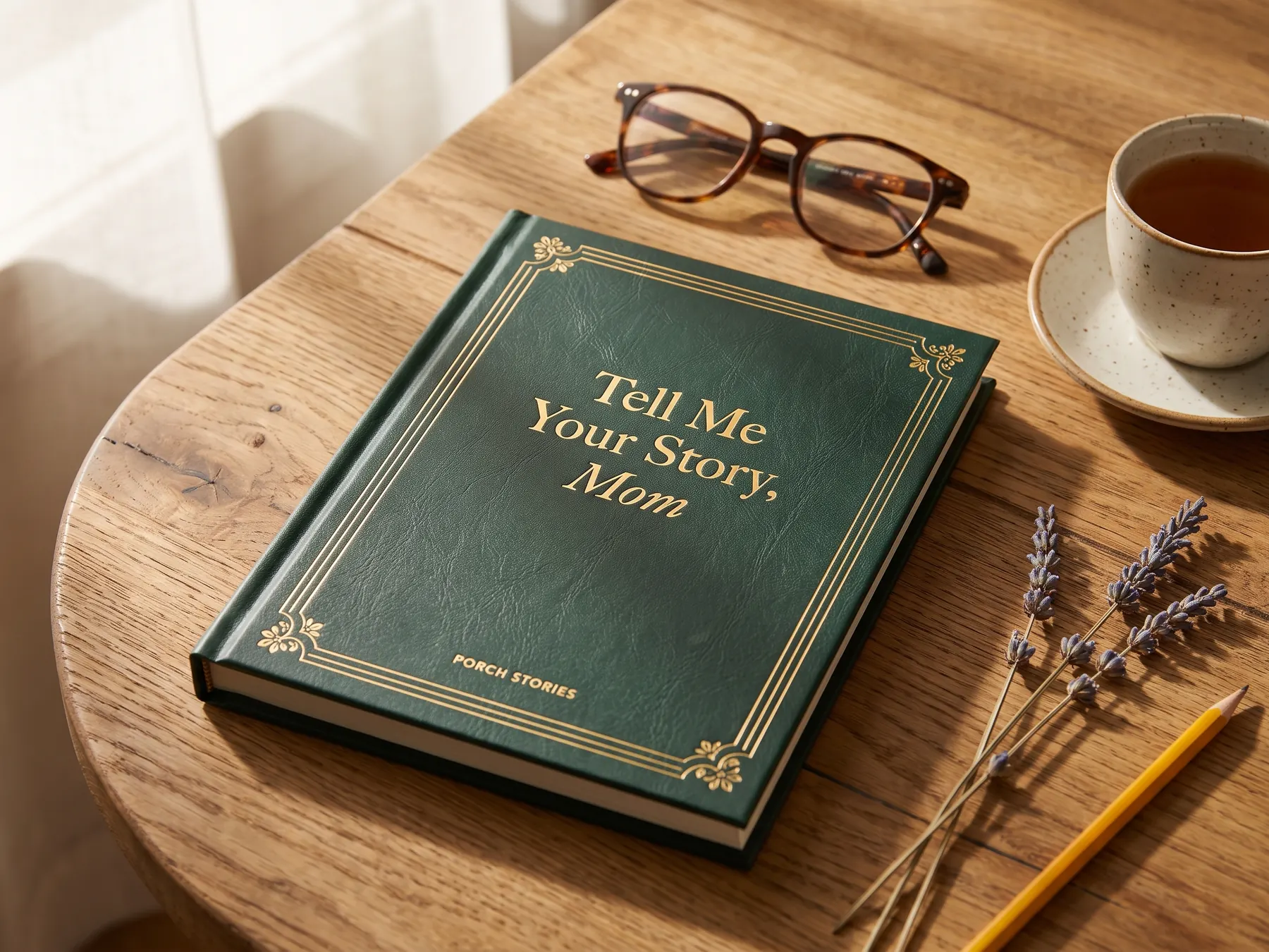 Tell Me Your Story, Mom memory journal on a wooden table with tea and reading glasses
