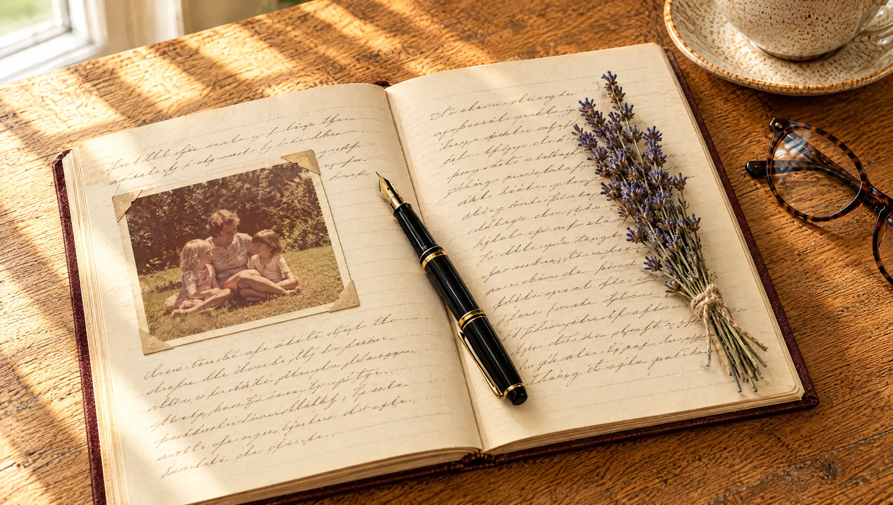 An open memory journal with handwriting, an old family photograph and a fountain pen