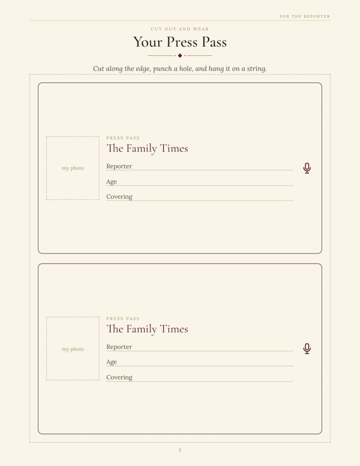 Sample page from The Family Reporter interview kit: Your Press Pass