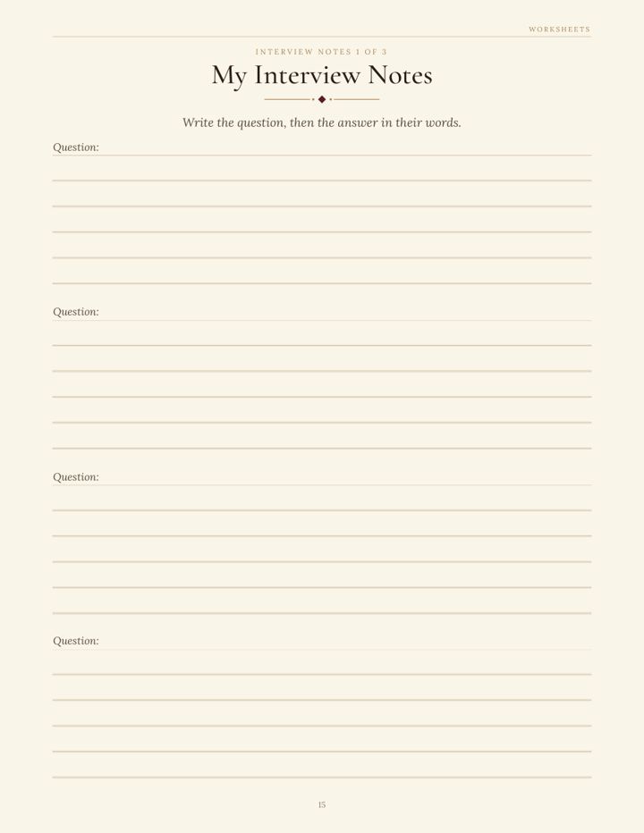 Sample page from The Family Reporter interview kit: My Interview Notes